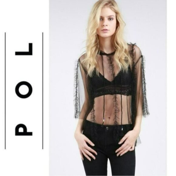 NWT POL Shear Mesh Ruffle Trim Hooded Top Blouse - Picture 4 of 6